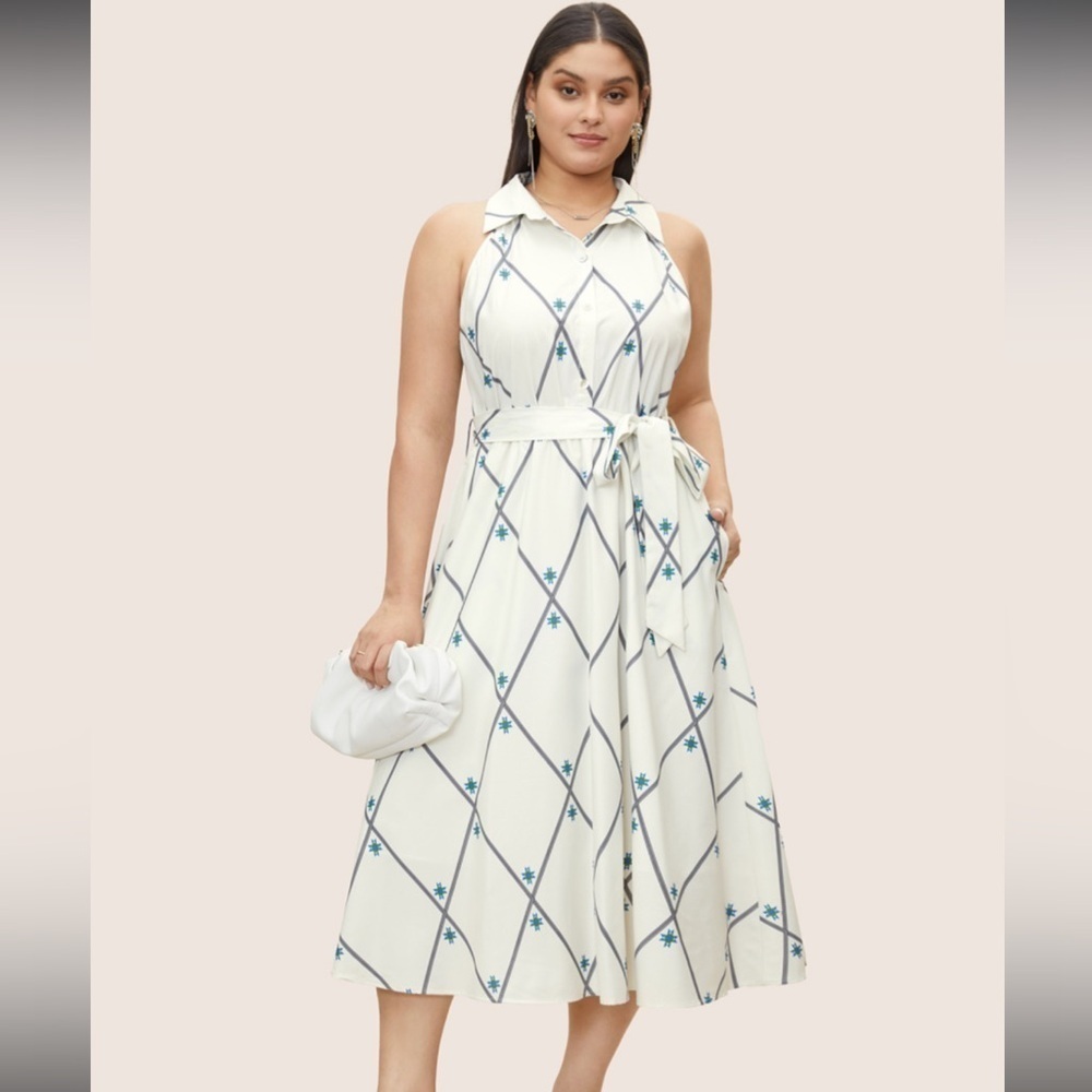 BloomChic Geometric Pocket Shirt Collar Sleeveless Dress